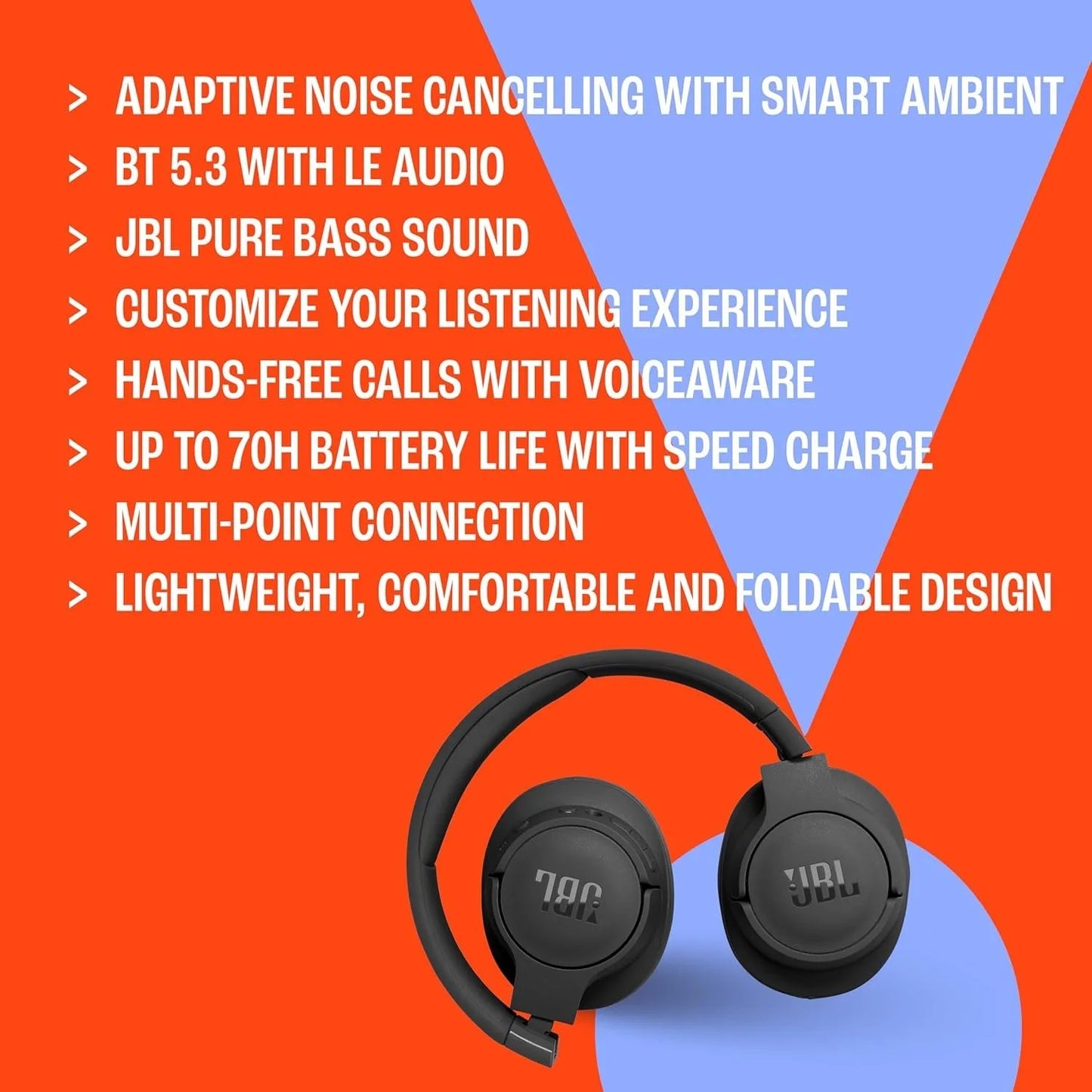 JBL Tune 770NC Wireless Headphones With Adaptive Noise Cancelling For All Day Comfort Ideal For Commuters