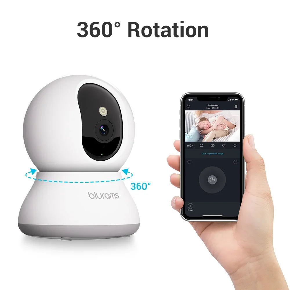 Blurams 2K Indoor Security Camera With Night Vision And Two Way Audio For Home Surveillance 360 Degree View