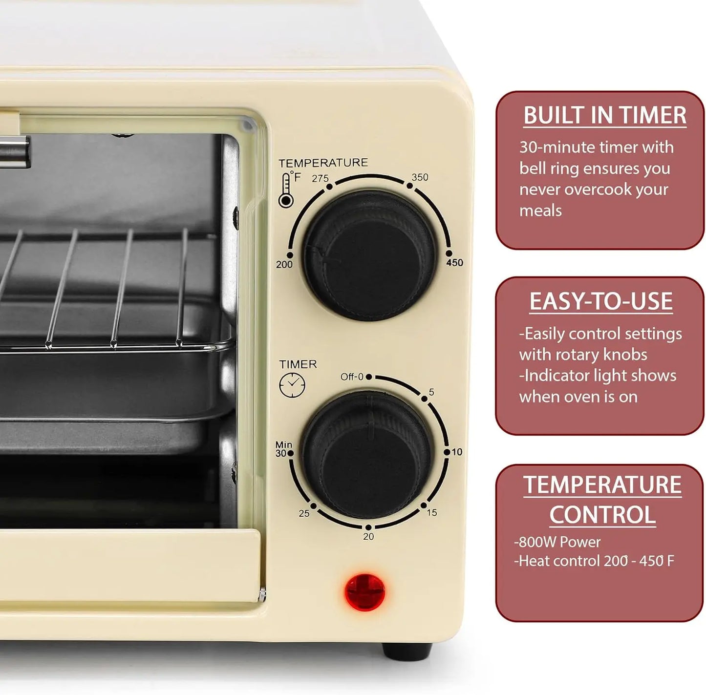 XMSJ 9.5 Quart Countertop Toaster Oven With Timer 800W Dual Quartz Heating For Fast Even Baking In Small Kitchens Cream