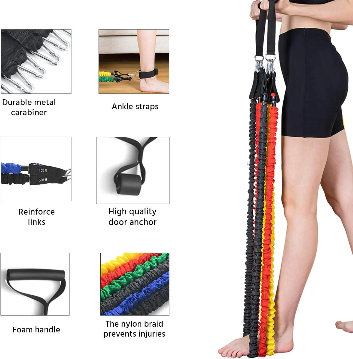 Heavy Duty Resistance Band Kit for Home Gym Protective Sleeves, Foam Handles, Door Anchor, Ankle Strap for Safe Workouts