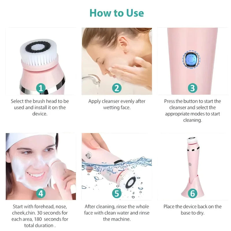 Experience spa level cleansing at home with the VIMYSHOW 4 in 1 electric facial cleansing brush.