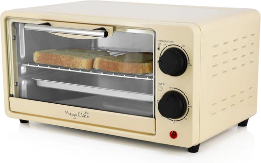 XMSJ 9.5 Quart Countertop Toaster Oven With Timer 800W Dual Quartz Heating For Fast Even Baking In Small Kitchens Cream