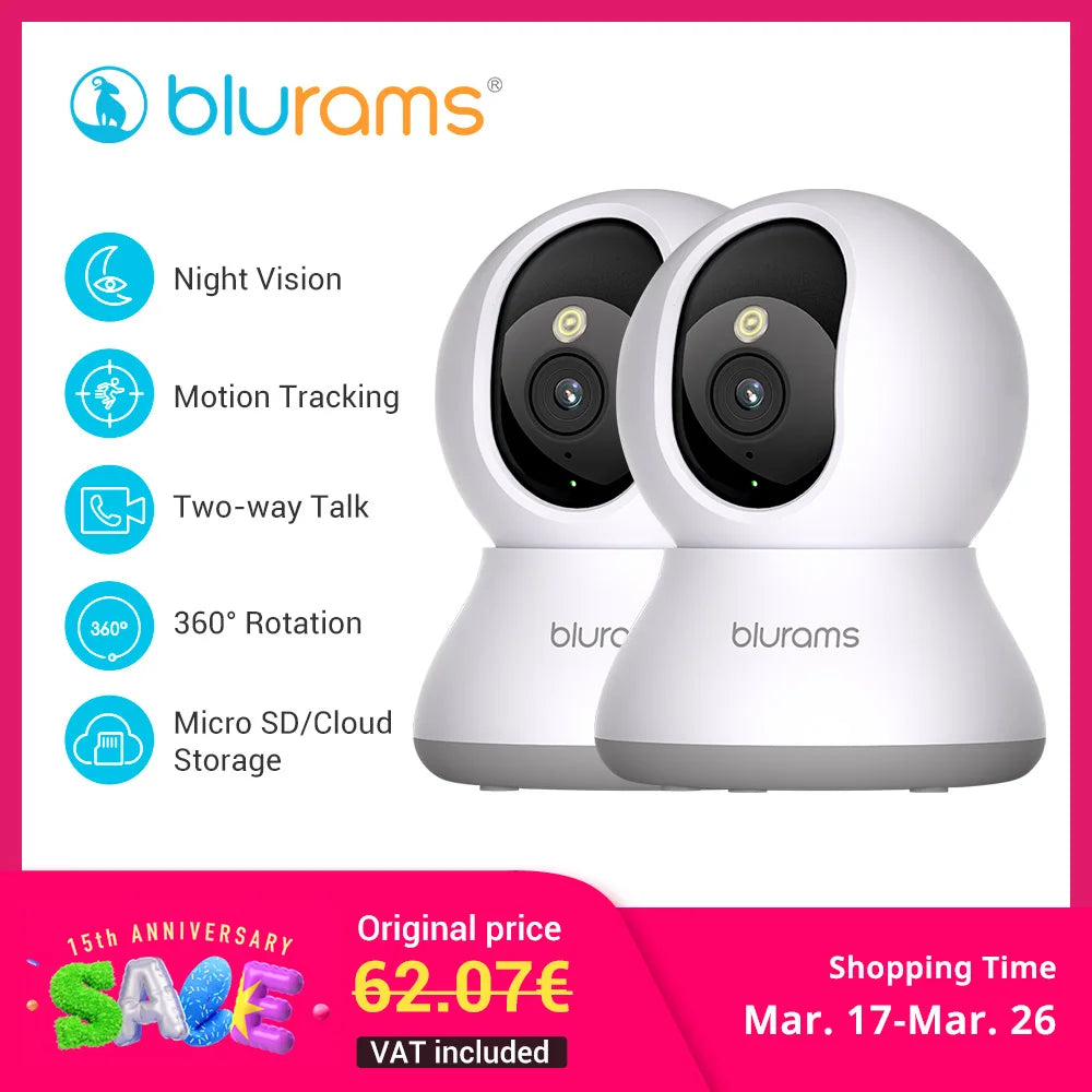 Blurams 2K Indoor Security Camera With Night Vision And Two Way Audio For Home Surveillance 360 Degree View