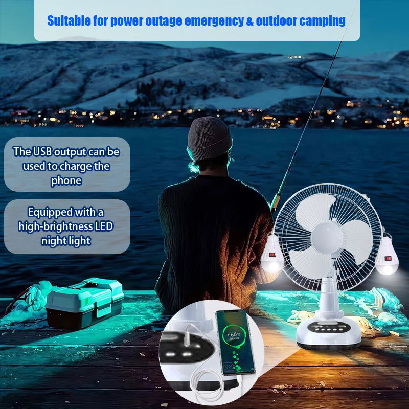 HUANJI 12 Inch Solar Charging Fan 2 Pack Portable USB Power 14400mAh Off-Grid Cooling With LED For Camping