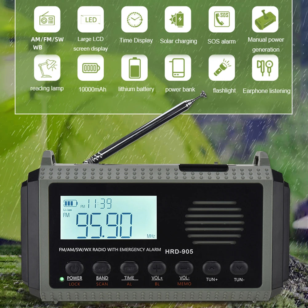 ALLOYSEED Solar Hand Crank Emergency Weather Radio 10000mAh Power Bank