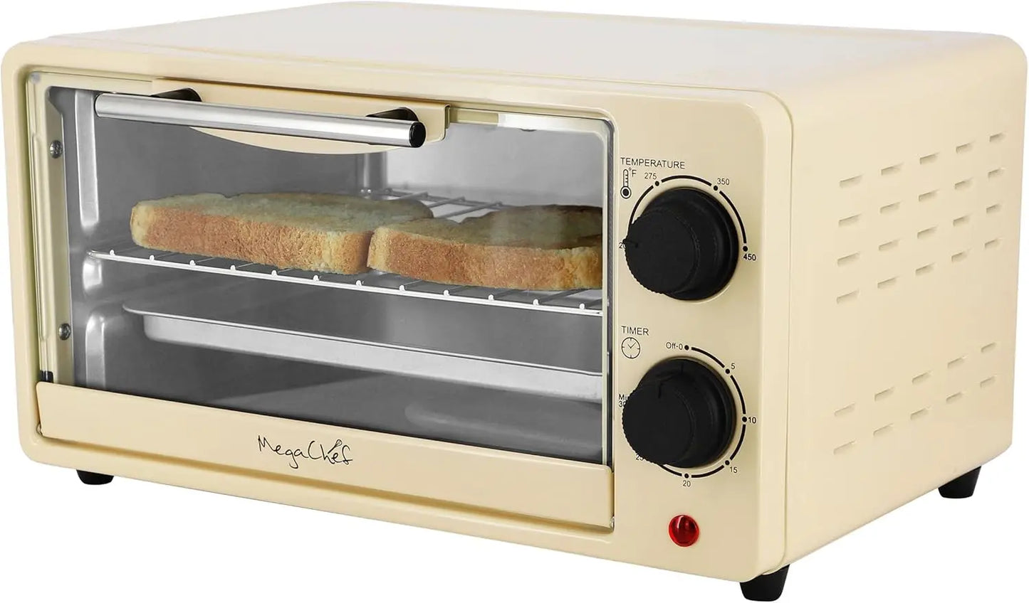 XMSJ 9.5 Quart Countertop Toaster Oven With Timer 800W Dual Quartz Heating For Fast Even Baking In Small Kitchens Cream