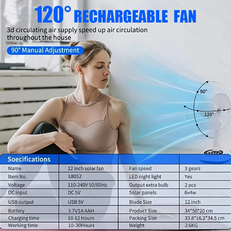 HUANJI 12 Inch Solar Charging Fan 2 Pack Portable USB Power 14400mAh Off-Grid Cooling With LED For Camping