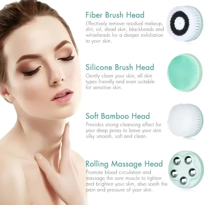 Experience spa level cleansing at home with the VIMYSHOW 4 in 1 electric facial cleansing brush.