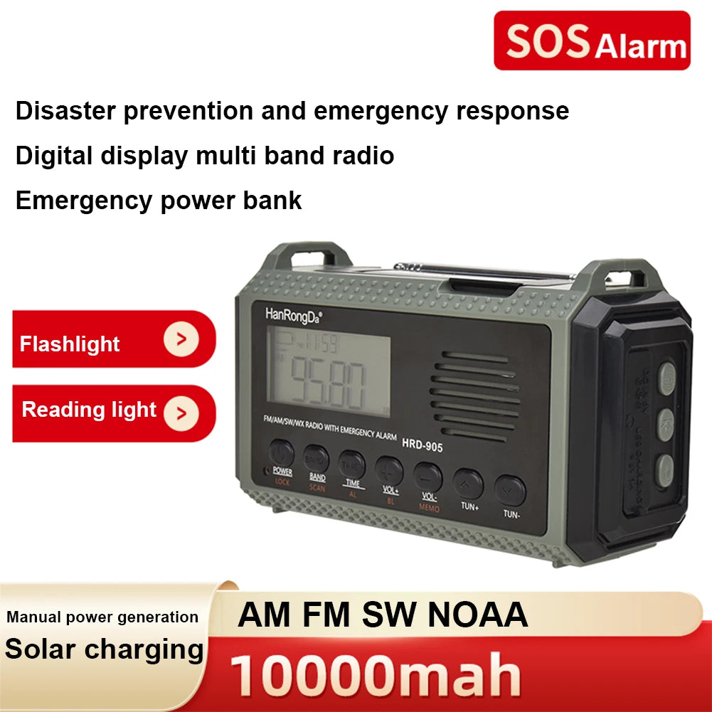 ALLOYSEED Solar Hand Crank Emergency Weather Radio 10000mAh Power Bank