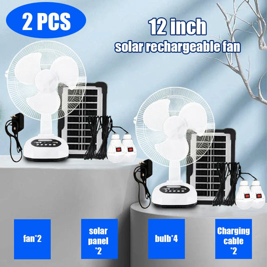 HUANJI 12 Inch 14400mAh Solar Charging Fan With Led Light And Usb Port 2 Pack